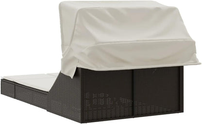 Double lounger with retractable canopy and brown PE rattan cushion for outdoor use, backrest adjustable, 2 positions, removable cushion, material resistant to - QUORE