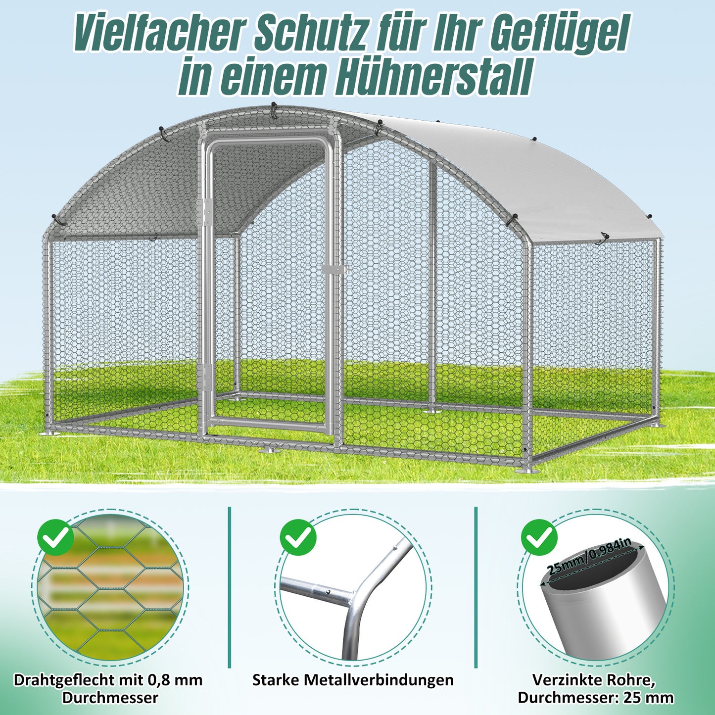 Chicken Coop Free-Range Enclosure, 3X2X2M/3X4X2M/3X6X2M/3X8X2M Galvanized Steel, Chicken House Dome Roof with Lock And Pe-Colored Tarpaulin, Easy to Clean, for Chicken Cage Bird Cage.