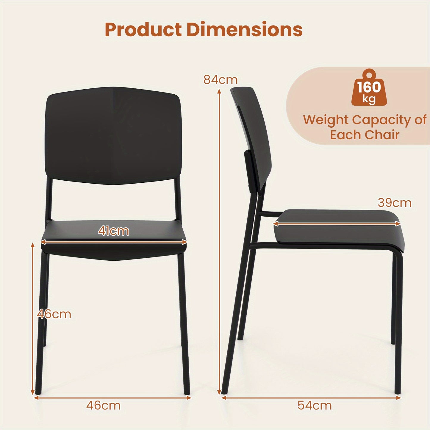 Eetkamerstoelen – Stoelen – Keukenstoelen – Stapelbare Stoelen – Armless Stoelen – Duurzaam Kunststof – Metalen Poten – Zwart – Set 5-8 Stuks