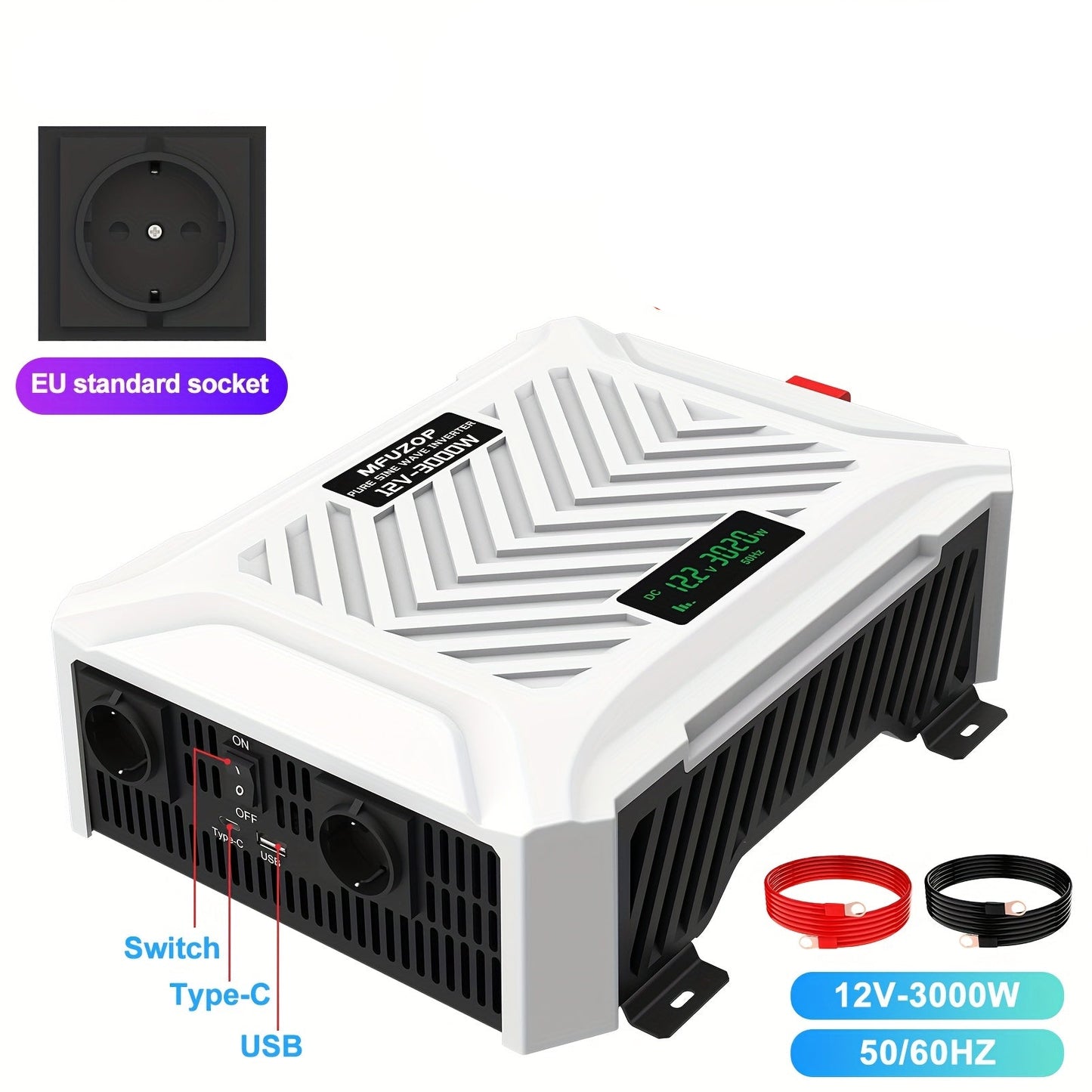 Omvormer – Spanning Converter – Power Inverter – Stroomomvormer – Sinusgolf Omvormer – Zuivere Sinusgolf – 12V - 3000W – Overbelasting Bescherming – Hoge Efficiëntie