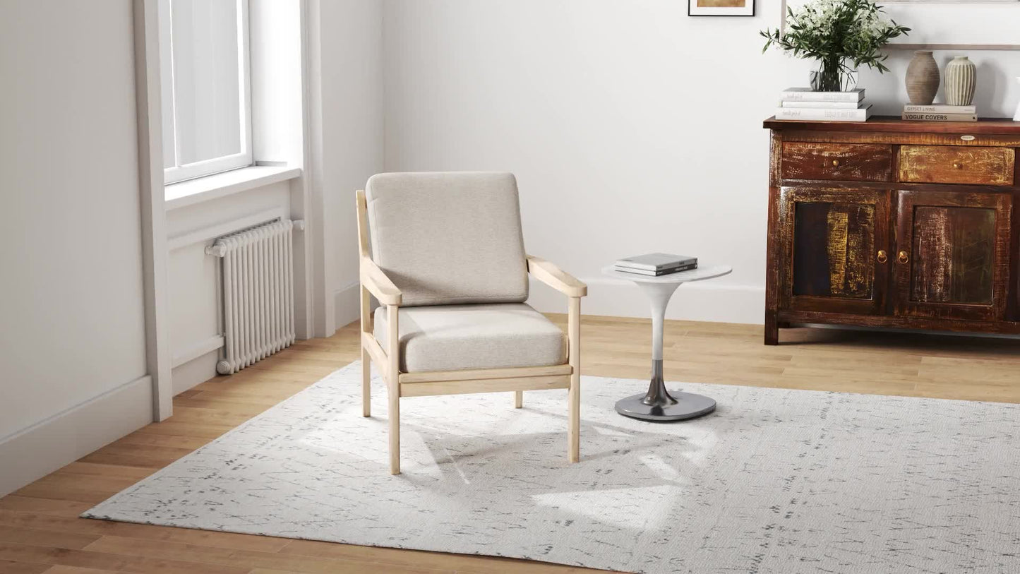 Scandinavische Fauteuil – Relaxstoel – Leunstoel – Woonkamerstoel – Slaapkamerstoel – Linnen-Effect Bekleding – Verwijderbare Wasbare Kussens – Licht Houten Frame – Beige – 62 x 82 x 82 cm