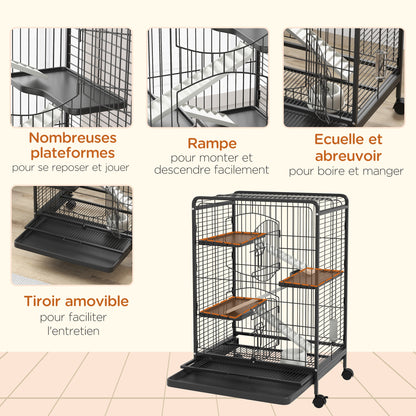 Kleine Dierenkooi – Dierverblijf – Konijnenkooi – Fretkooi – Chinchillakooi – Zwart – Met 3 Platforms – Uitneembare Bodemlade