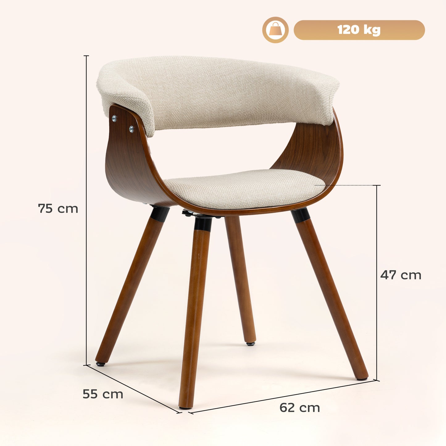 Eetkamerstoel – Stoel – Zithoekstoel – Eetkamerstoel Zonder Armleuning – Linnenlook Stof – Ergonomische Gebogen Rugleuning – Rubberhouten Poten – Verstelbare Voetzolen