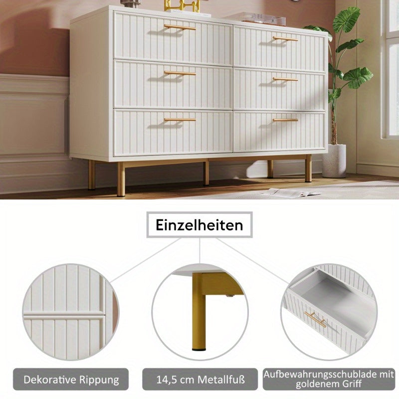 6-Laden Metaalkommode – Dressoir – Ladekast – Opbergkast – Sideboard – Wit Met Gouden Accenten – 120 cm Breedte – Zonder Montage