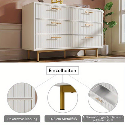 6-Laden Metaalkommode – Dressoir – Ladekast – Opbergkast – Sideboard – Wit Met Gouden Accenten – 120 cm Breedte – Zonder Montage