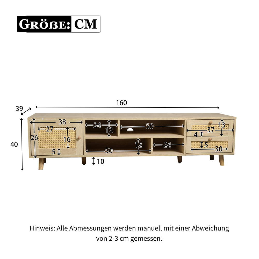 tv-meubel – tv-kast – televisiekast – mediameubel – tv-standaard – extra lang 160 cm – rotan natuurlijk – 2 lades & 1 deur – geschikt voor tv’s tot 70 inch