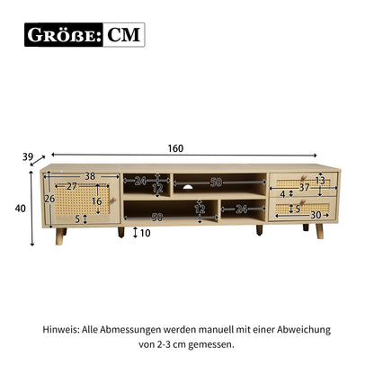 tv-meubel – tv-kast – televisiekast – mediameubel – tv-standaard – extra lang 160 cm – rotan natuurlijk – 2 lades & 1 deur – geschikt voor tv’s tot 70 inch
