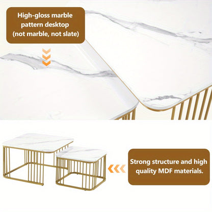 Salontafel Set – Bijzettafel – Tafeltje – Woonkamertafel – Tafel Vierkant – Hoogglans Marmerlook – Gouden Poten – Verstelbare Voetjes – MDF – 70x70x45 & 50x50x36,5 cm