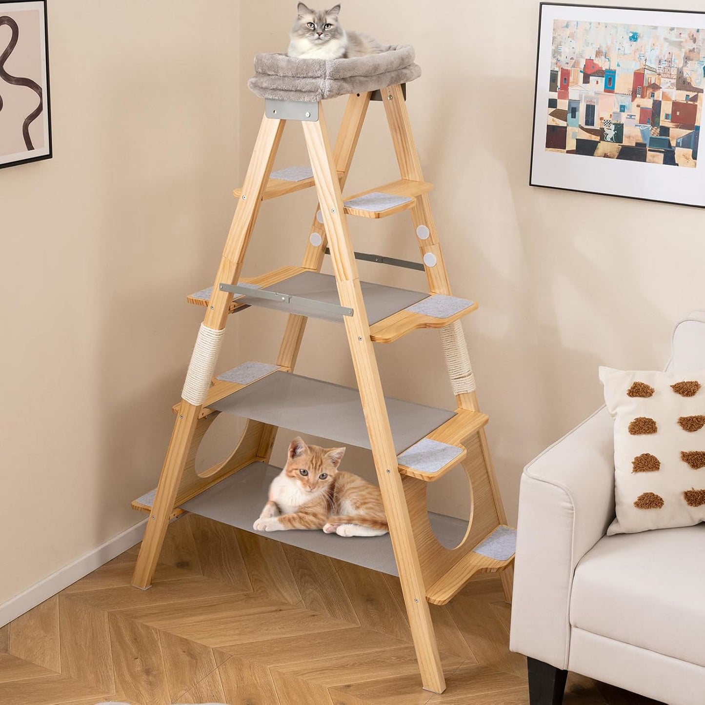 Krabpaal – Kattenboom – Krabmeubel – Kattenhuis – Krabtoren – 5 Niveaus – Massief Dennenhout – Inklapbaar Met Gewatteerde Hangmat