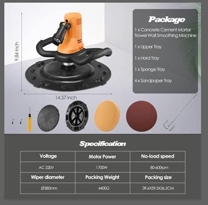 Wandgladmakingsmachine met mortelpalet van beton, 1700 W, instelbare snelheid, 80-200 omw/min, elektrische schep met betonmixer