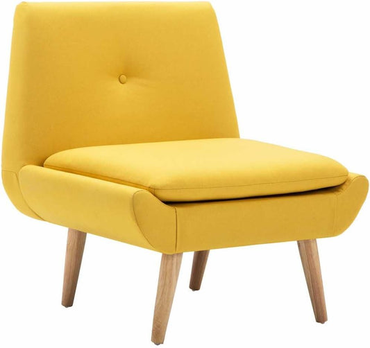Fauteuil – Zitzetel – Leunstoel – Ruststoel – Stoel – Gele Polyester Bekleding – Massief Rubberwood Poten