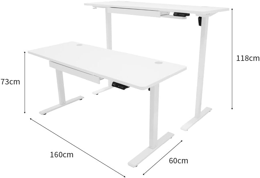 Electric Standing Desk 160 x 60cm White Height Adjustable Ergonomic Sit-to-Stand Computer Workstation Built-in Drawer USB A&C Charging Cable Pocket Hook Office Table Timer Smart Control Panel - QUORE