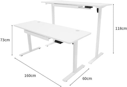 Electric Standing Desk 160 x 60cm White Height Adjustable Ergonomic Sit-to-Stand Computer Workstation Built-in Drawer USB A&C Charging Cable Pocket Hook Office Table Timer Smart Control Panel - QUORE