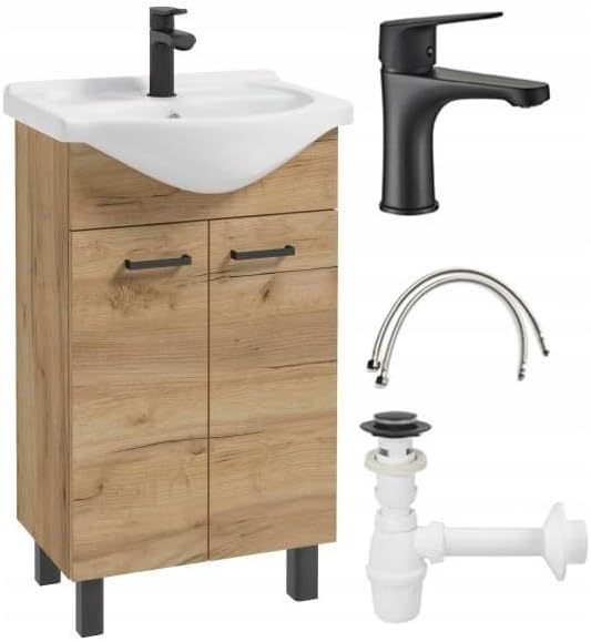 Domodomo Bathroom Cabinet with Washbasin 85 x 50 x 41 cm Freestanding Bathroom Cabinet and Base Cabinet Oak 50 cm, Elegant Set with Fixture Black Matt, Click-Clock-Stopfen, Siphon - QUORE