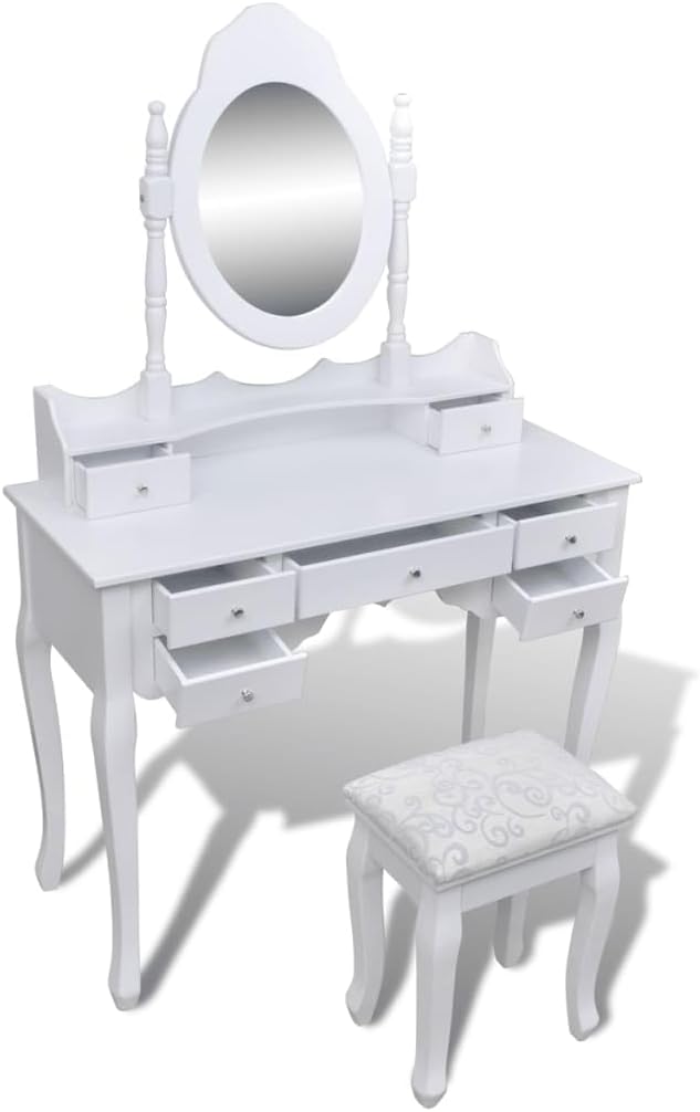 Kaptafel – Make-Up Tafel – Schminktisch – Toilettafel – Toilletafel – 7 Lades – Kantelbare Spiegel – Krukje Met Zachte Zitting – Wit Grenenhout