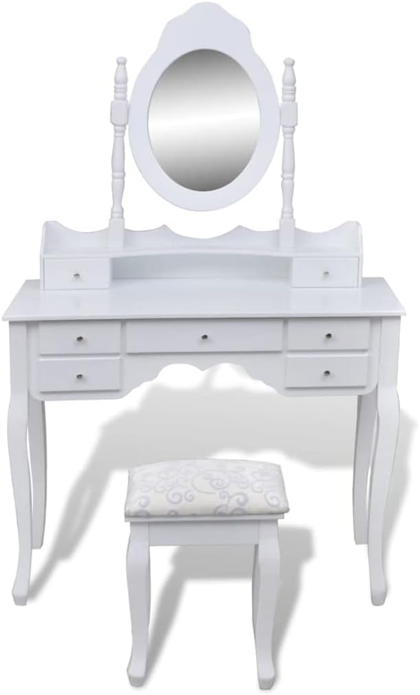 Kaptafel – Make-Up Tafel – Schminktisch – Toilettafel – Toilletafel – 7 Lades – Kantelbare Spiegel – Krukje Met Zachte Zitting – Wit Grenenhout