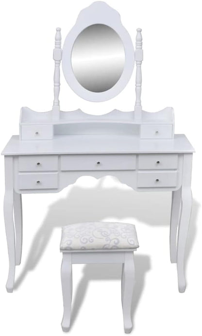 Kaptafel – Make-Up Tafel – Schminktisch – Toilettafel – Toilletafel – 7 Lades – Kantelbare Spiegel – Krukje Met Zachte Zitting – Wit Grenenhout