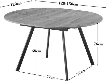 Ronde Eettafel – Uitschuifbare Tafel – Keukentafel – Eetkamertafel – Uitklapbare Tafel – Butterfly Mechanisme – Marmer Look – Zwart Metaal Frame – 120-150 cm – Geschikt Voor 4-6 Personen