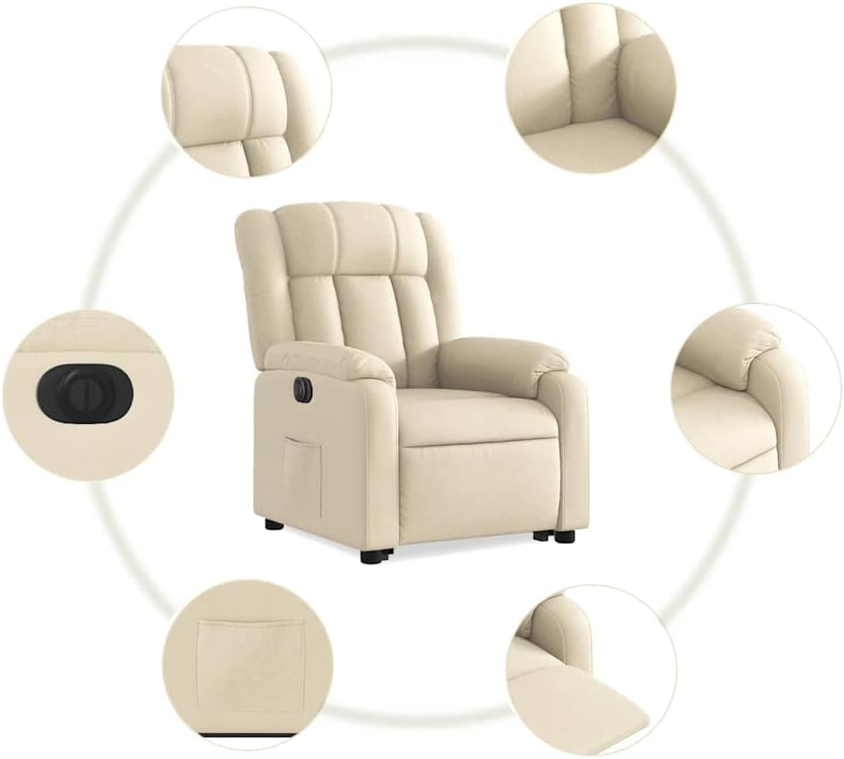Relaxstoel Met Opstahulp – Elektrische Relaxstoel – Tv-Stoel Met Ligfunctie – Enkele Ligstoel – Relaxstoel Voor Woonkamer – Crèmestof Bekleding – Elektrisch Kantelsysteem – Max 135° Ligfunctie