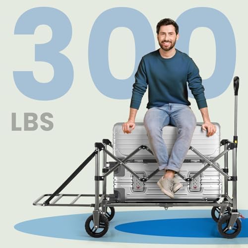 Overmont Inklapbare bolderkar met opvouwbare achterklep, alle terreinwielen, 200 l grote inhoud met zijzakken, bekerhouder, verstelbare handgreep, tot 120 kg draagkracht, blauw