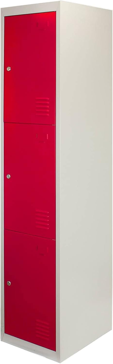 Monster Shop 3 x Red 3 Door Metal Storage Lockers, Blue & Grey Steel Lockable Unit, Gym Dressing Room School Staff Locker - QUORE