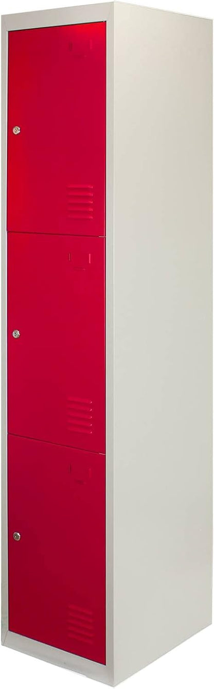 Monster Shop 3 x Red 3 Door Metal Storage Lockers, Blue & Grey Steel Lockable Unit, Gym Dressing Room School Staff Locker - QUORE