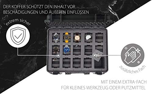MC-CASES ® Draagkoffer voor maximaal 14 horloges, reiskoffer, waterdicht, afsluitbaar, perfect voor op reis, extreem beschermd, Made in Germany, zwart, ruimte voor 14, zwart., Platz für 14 Uhren,