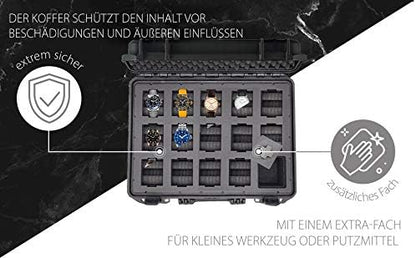 MC-CASES ® Draagkoffer voor maximaal 14 horloges, reiskoffer, waterdicht, afsluitbaar, perfect voor op reis, extreem beschermd, Made in Germany, zwart, ruimte voor 14, zwart., Platz für 14 Uhren,