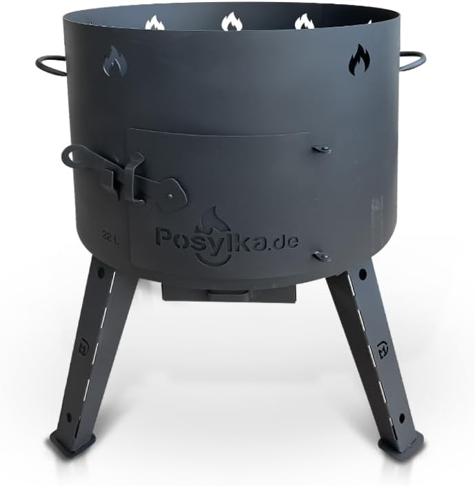 Utschak KazanoFF Fire Oven with Cast Iron Pan Round Base with Lid (22 Litres) Outdoor Fire Bowl Camping Kazan Goulash Cannon Dutch Oven (Set 5) - QUORE
