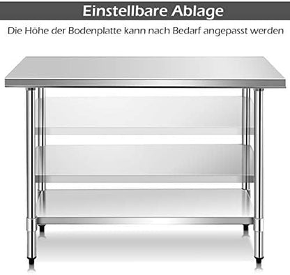 FANTASK Roestvrijstalen keukentafel, werktafel, roestvrijstalen tafel met in hoogte verstelbare plank, bereidingstafel, gastronetafel
