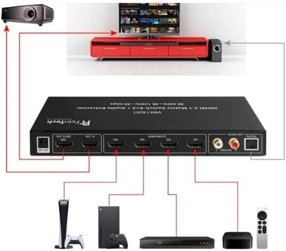 FeinTech VMS14201 HDMI 2.1 Matrix Switch 4 x 2 Schakelaar 4K 120Hz 8K Ultra HD 4 in 2 Out Audio Extractror ARC Toslink SPDIF Downscaler voor Xbox PS5 TV Monitor HDR VRR 40Gbps