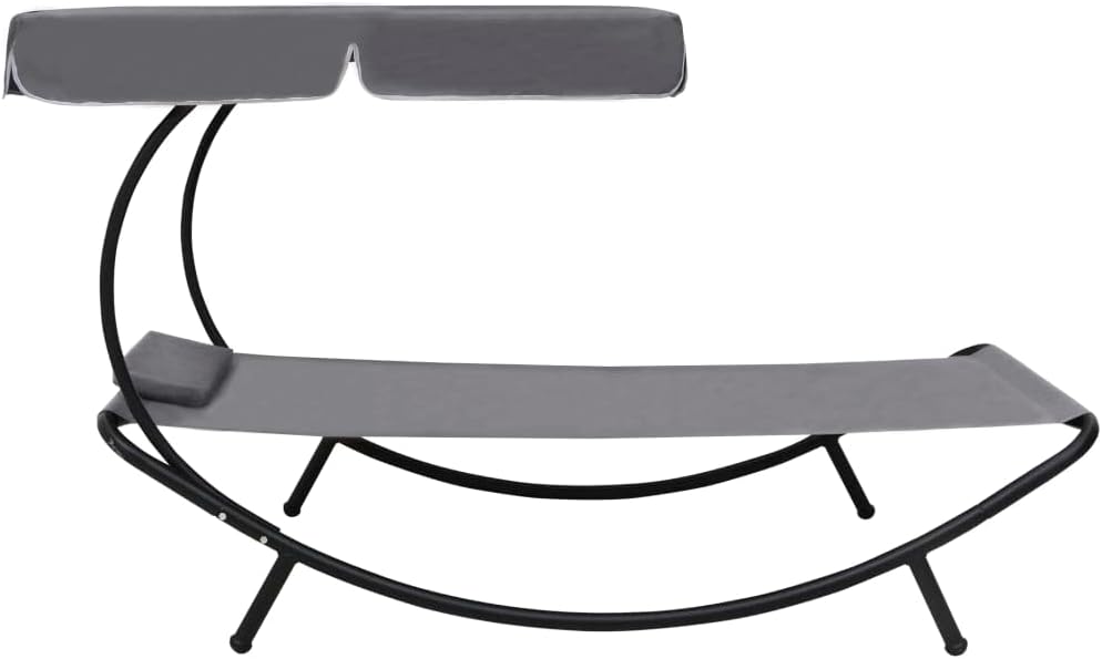 Sunbath, Outdoor Lounger with Awning and Cushion, Grey, Recliner Chair, Beach Lounger, Relax Chair for Garden, Patio, Balcony, Camping - QUORE