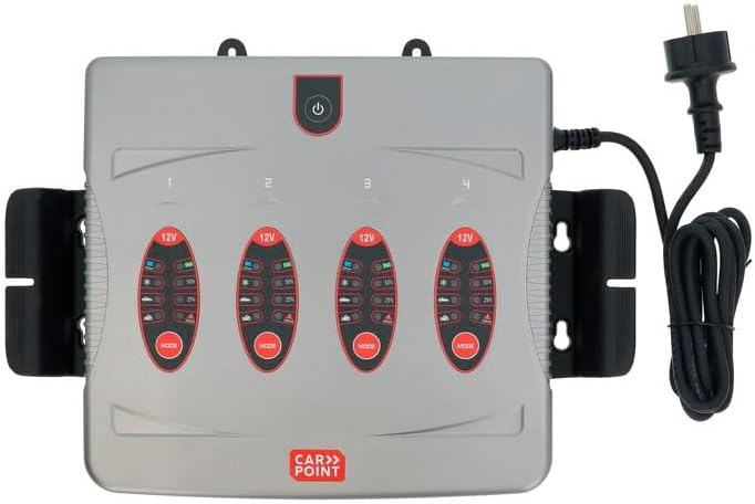 Acculader 12V – Batterijlader – Loodzuurlader – Accuoplader – Batterijoplader – Vier Accu’s Gelijktijdig Opladen – Volautomatische Vijfstaps Oplaadcyclus – IP64 Spatwaterbestendig