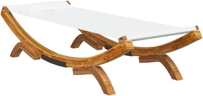 Buitenligstoel – Ligstoel – Tuinstoel – Zonnebed – Strandstoel – Gebogen Massief Houten Frame – Comfortabel Crème Polyester