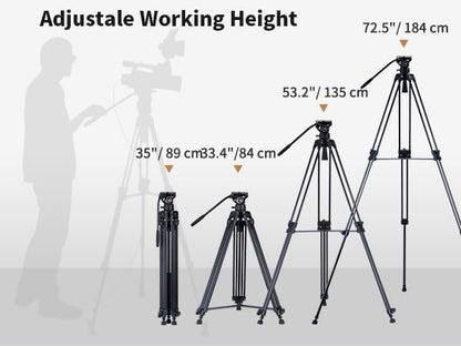 Video statiefsysteem, Cayer BV30L 72 inch- Professioneel Heavy Duty Aluminium Twin Tube Statief, K3 vloeistofkop, Mid-Level Spreader, Max Belasting 13.2 LB, DSLR Camcorder