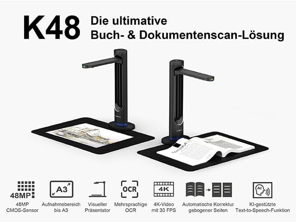 VIISAN K48 A3 Overhead boekscanner – 48 MP sensor, 600 dpi, automatische zijkromming gladmaken, laserpositionering, 4K video, OCR & Text-to-Speech, USB 3.0 documentenscanner voor Windows en macOS