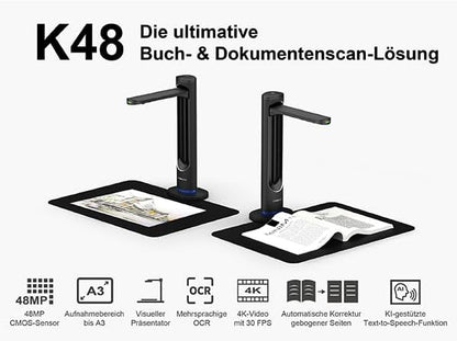 VIISAN K48 A3 Overhead boekscanner – 48 MP sensor, 600 dpi, automatische zijkromming gladmaken, laserpositionering, 4K video, OCR & Text-to-Speech, USB 3.0 documentenscanner voor Windows en macOS