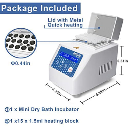 ONiLAB Mini Dry Bath incubator, 15 x 1,5 ml aluminium verwarmingsblok, lcd-display, timerbediening, up to 100 C, 0,5 C nauwkeurigheid, 9 programma's in het geheugen, snelkalibratiefunctie