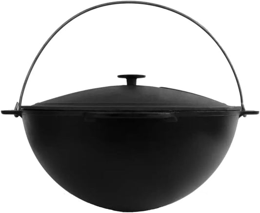 4BIG.fun Kazan Cast Iron Casserole 15 Litres with Cast Iron Lid Wok Pan Grill Cast Iron Camping Pot Asian Wok Traditional Cast Iron Pan Grill Wok