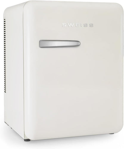 SWEISS WEISS8 Mini-bar, vintage, 31 l, mini-koelkast, compact, retro design, stille koelkast, 24 dB, voor slaapkamer, kantoor, dranken of cosmetica, instelbare temperatuur 6°-15 °C, beige