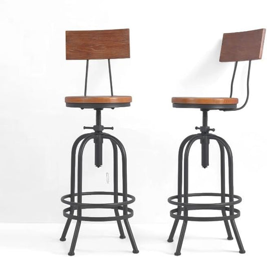 Set van 2 industriële barkrukken met rugleuning, draaibare houten zit-bar in hoogte verstelbaar 26-32 inch keuken eiland eetkamerstoel