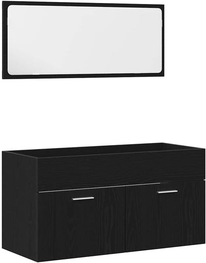 vidaXL 4 Piece Bathroom Furniture Set Black Oak Engineered Wood Laundry Cabinet High Modern Design Storage Solutions Cabinets Mirror Enclosure Organizational MDF - QUORE