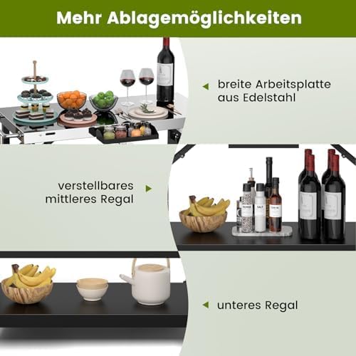 Grilltafel met 3 planken, grillwagen met verstelbare plank, telefoonstandaard, kruidenrek, handdoekhouder, zakdoekhouder en haken, outdoor serveerwagen bijzettafel