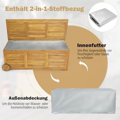 FANTASK Houten tuinbox, opbergbox met wieltjes, opbergdoos met waterdichte 2-in-1 afdekking en handvat, naturel
