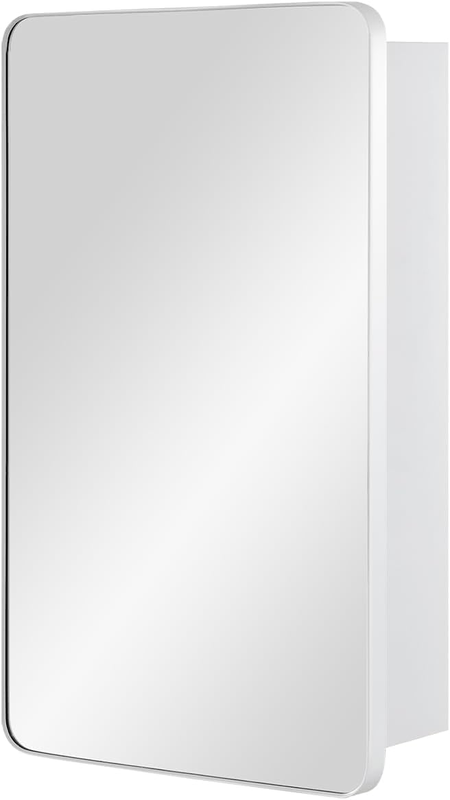 Fundin Spiegel medicijnkast voor badkamer - metalen omlijst ronde hoekdeur, verstelbare planken, mat wit, opbouwmontage, wandmontage, 38 x 65 cm
