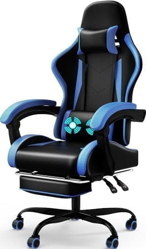 Devoko Massage Gaming Chair, Computer Office Chair with Footrest, Racing Gamer Chair 150KG Load Capacity, 90-135° Adjustable Backrest Ergonomic PC Chair, 360° Rotatable, Blue - QUORE