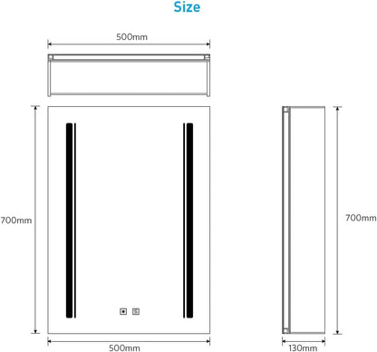 Tokvon® Rivulet LED Badkamer spiegelkast verlichte kasten met Scheerapparaat stopcontact 3-kleuren-LED Touch schakelaar Anti-condens kast 50x70cm - QUORE
