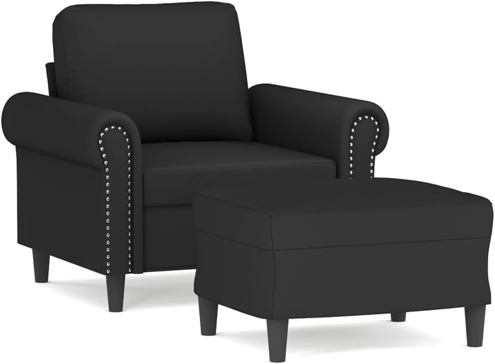 Fauteuil met Kruk – Loungestoel – Moderne Stoel – Armleuningstoel – Leesstoel – Zwart Fluweel – Stevig Multiplex Frame – Comfortabele Dikke Zitting 60 cm