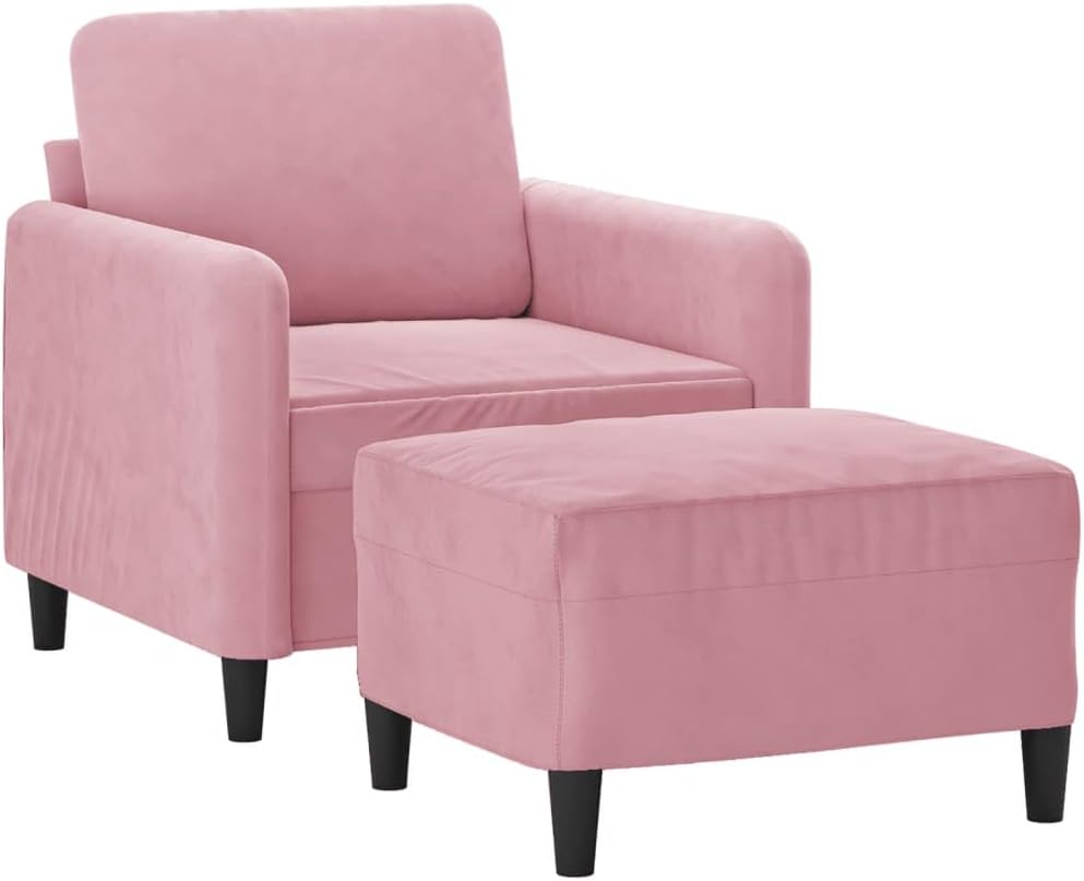Fauteuil met kruk, roze, 60 cm, fluwelen gestoffeerde stoel, relaxstoel, comfortabel ontspannen, modern design, stabiel frame, dik gevoerd, veelzijdige voetenbank, compact, voor woonkamer