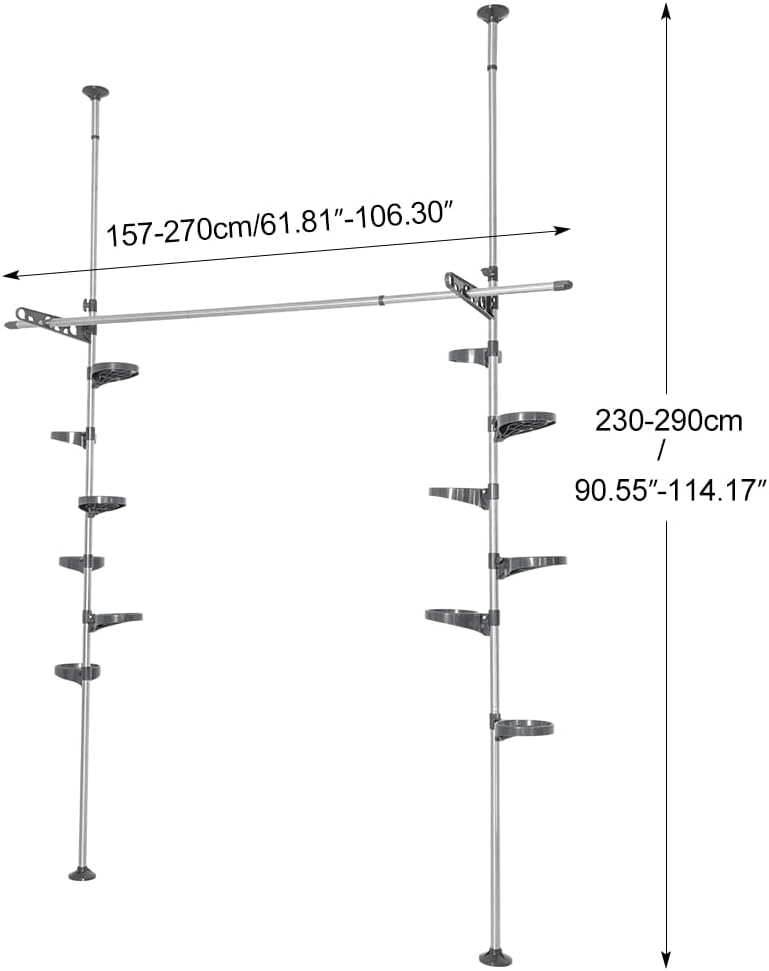 Uitbreidbare plantenstandaard – Plantenhouder – Plantenrek – Bloemenrek – Bloemendisplayrek – Zonder boren, vloer-tot-plafond klembevestiging – Verstelbaar in hoogte 175-290 cm, 12 trays, 2 armen en 1 hangstang